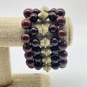 Burgundy Beaded Stretch Bracelet Gold Tone Accents Statement